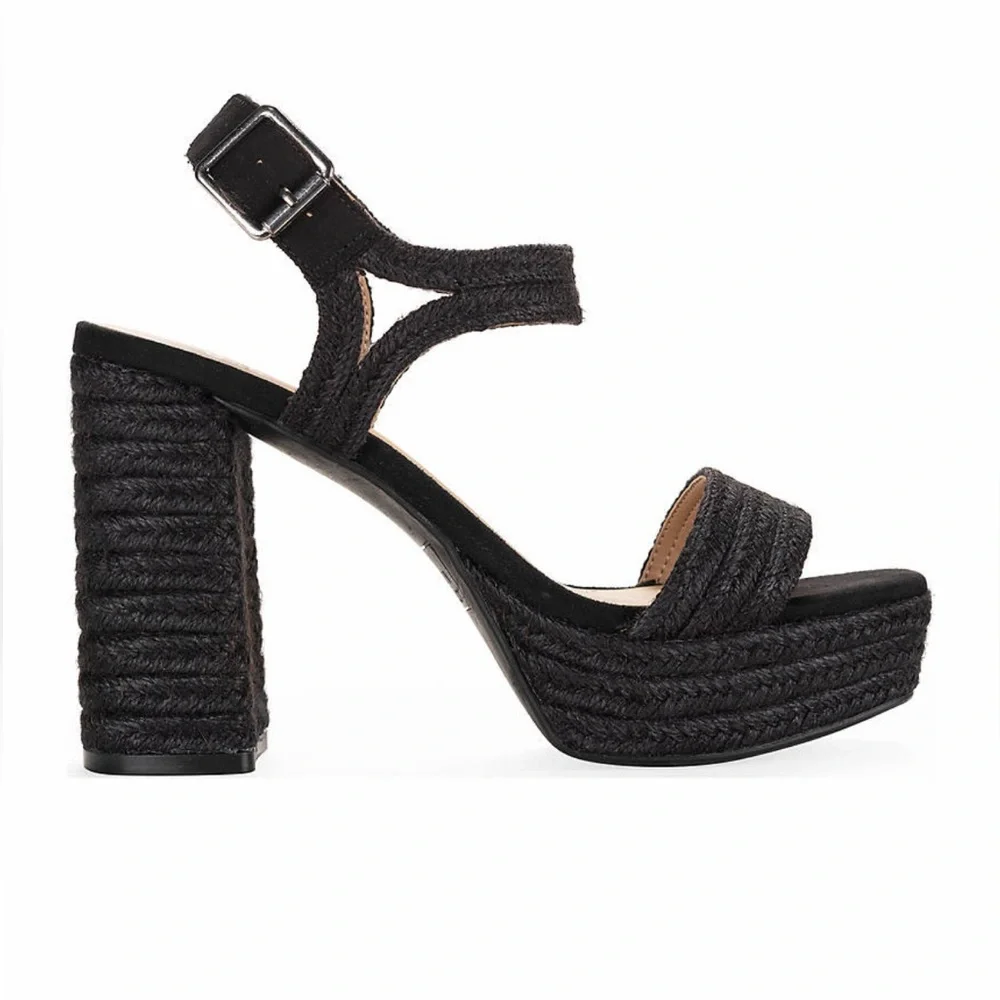 Black Jute straw woven open toe thick block heeled sandals